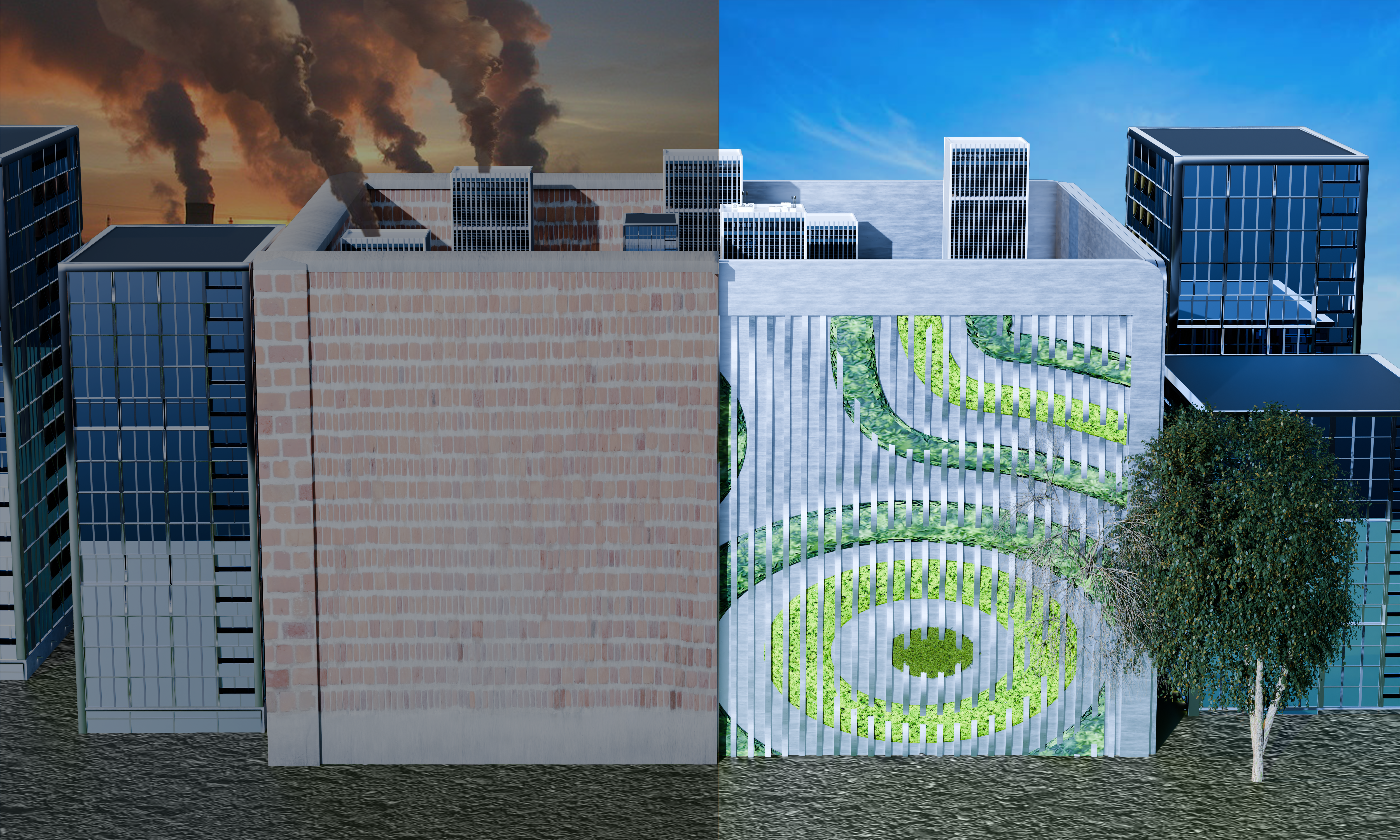 Before and after split render — exposed brick under polluted sky vs photocatalytic facade under clean sky